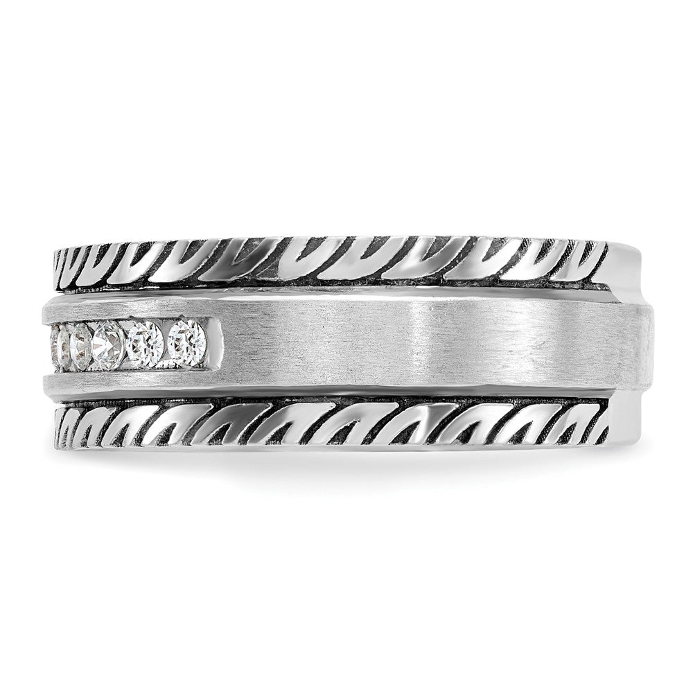 IBGoodman 14k White Gold with Black Rhodium Men's Polished Satin and Grooved 1/5 Carat AA Quality Diamond Ring