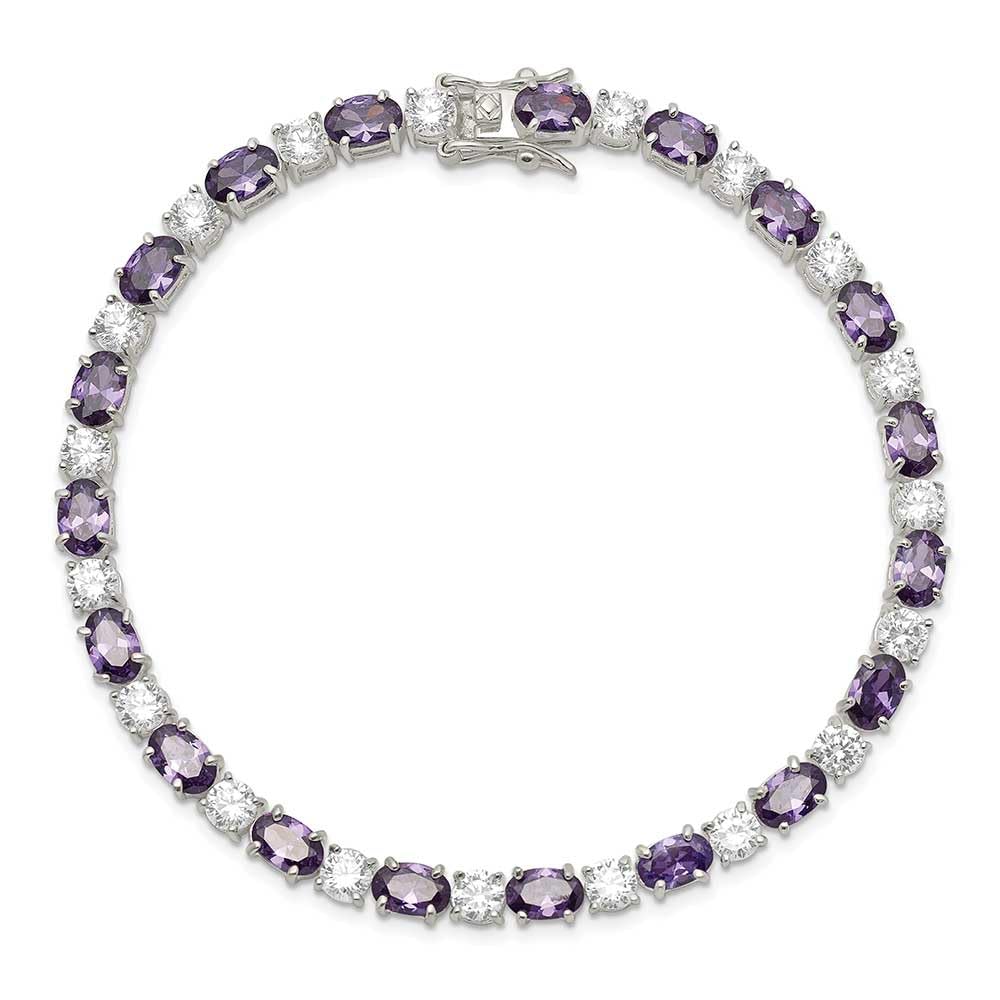 925 Sterling Silver Polished Box Catch Closure Purple and Clear CZ Cubic Zirconia Simulated Diamond Bracelet 7.5 Inch-Bo