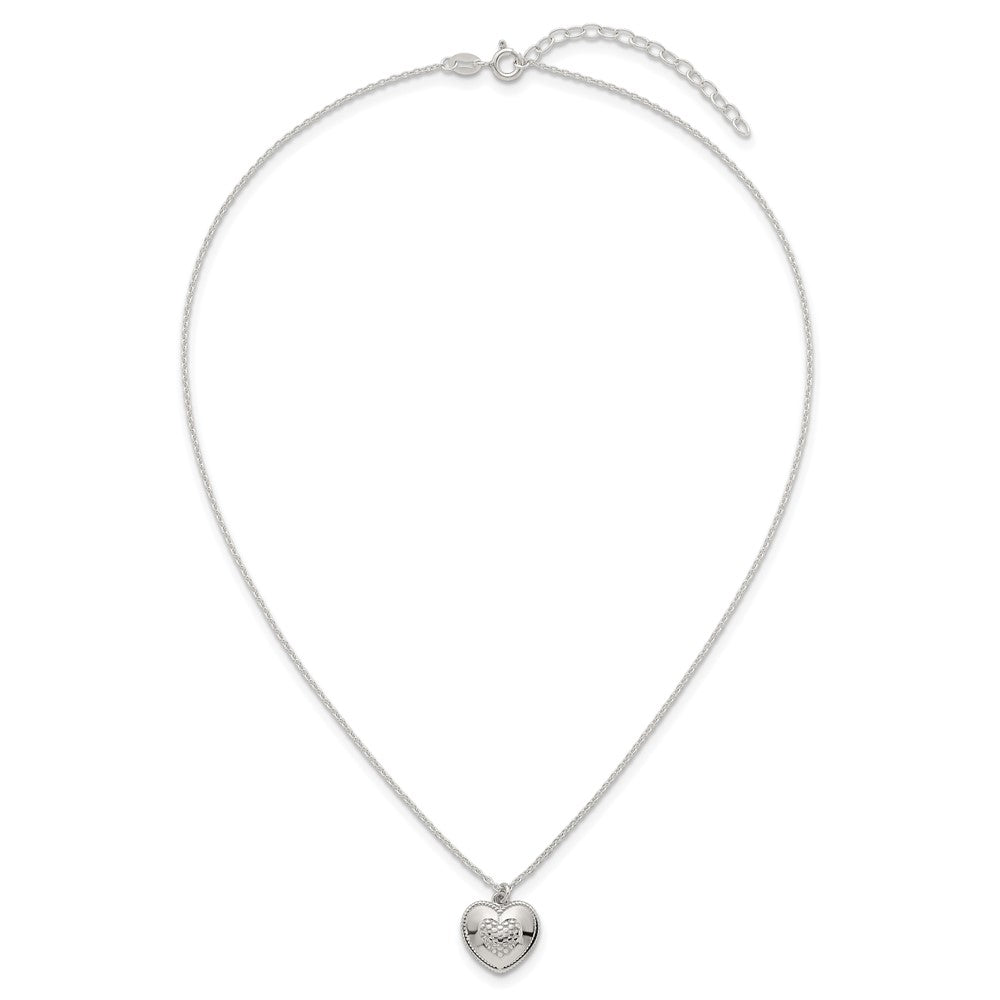 Sterling Silver Polished and Textured Heart w/ 2in Ext Necklace 16 Inches