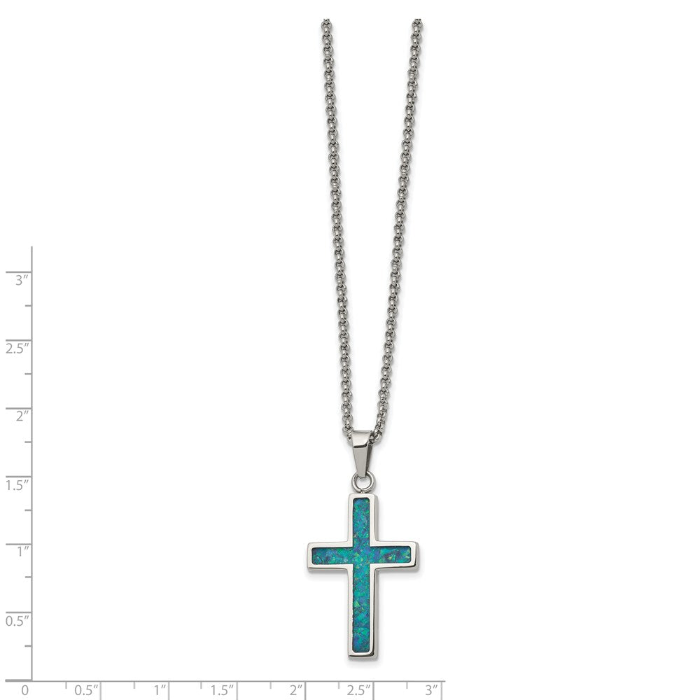 Stainless Steel Polished w/Imitation Opal Small Cross 22in Necklace