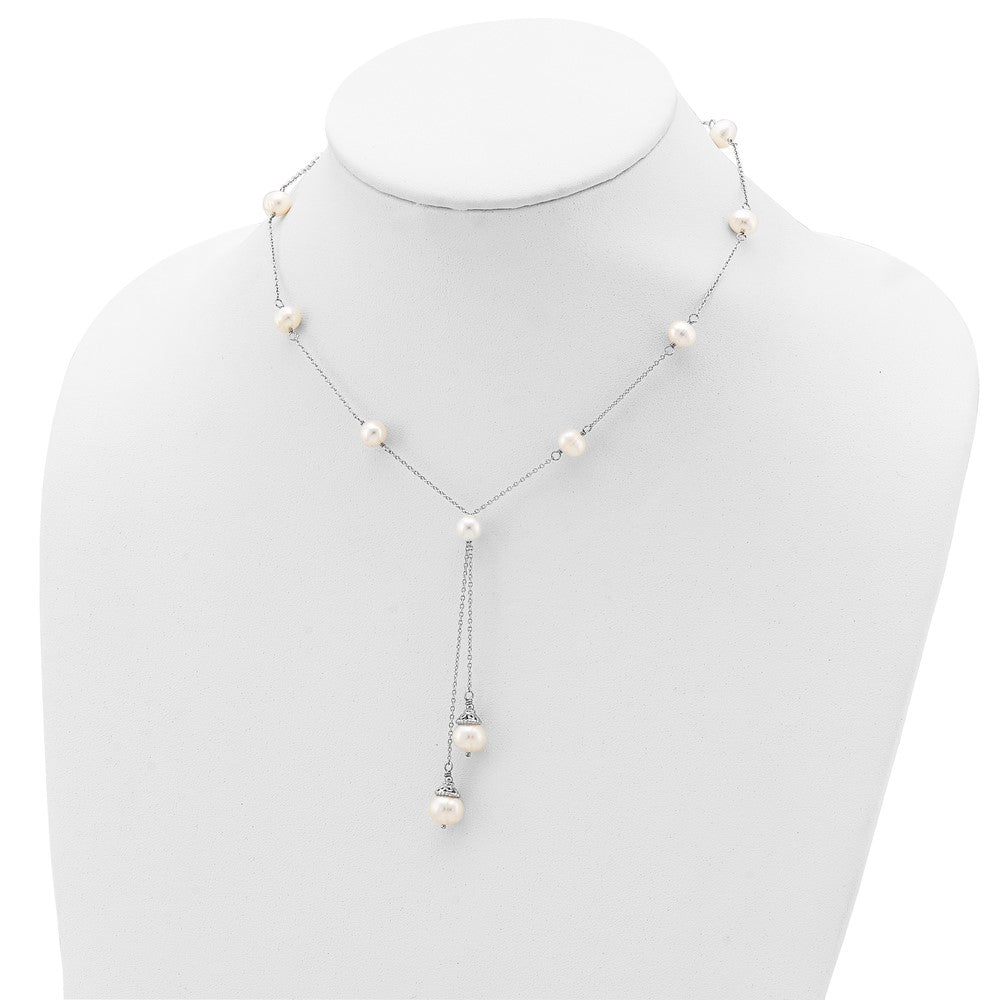 Sterling Silver Rhodium-plated 6-9mm White Teardrop and Semi-Round Freshwater Cultured Pearl 9-Station 2 drop 16 inch with 2 inch Extension Necklace 16 Inches