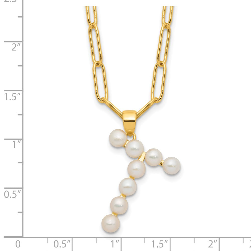 Sterling Silver Gold-plated 3-5.5mm White Button Freshwater Cultured Pearl LETTER T 18 inch Necklace