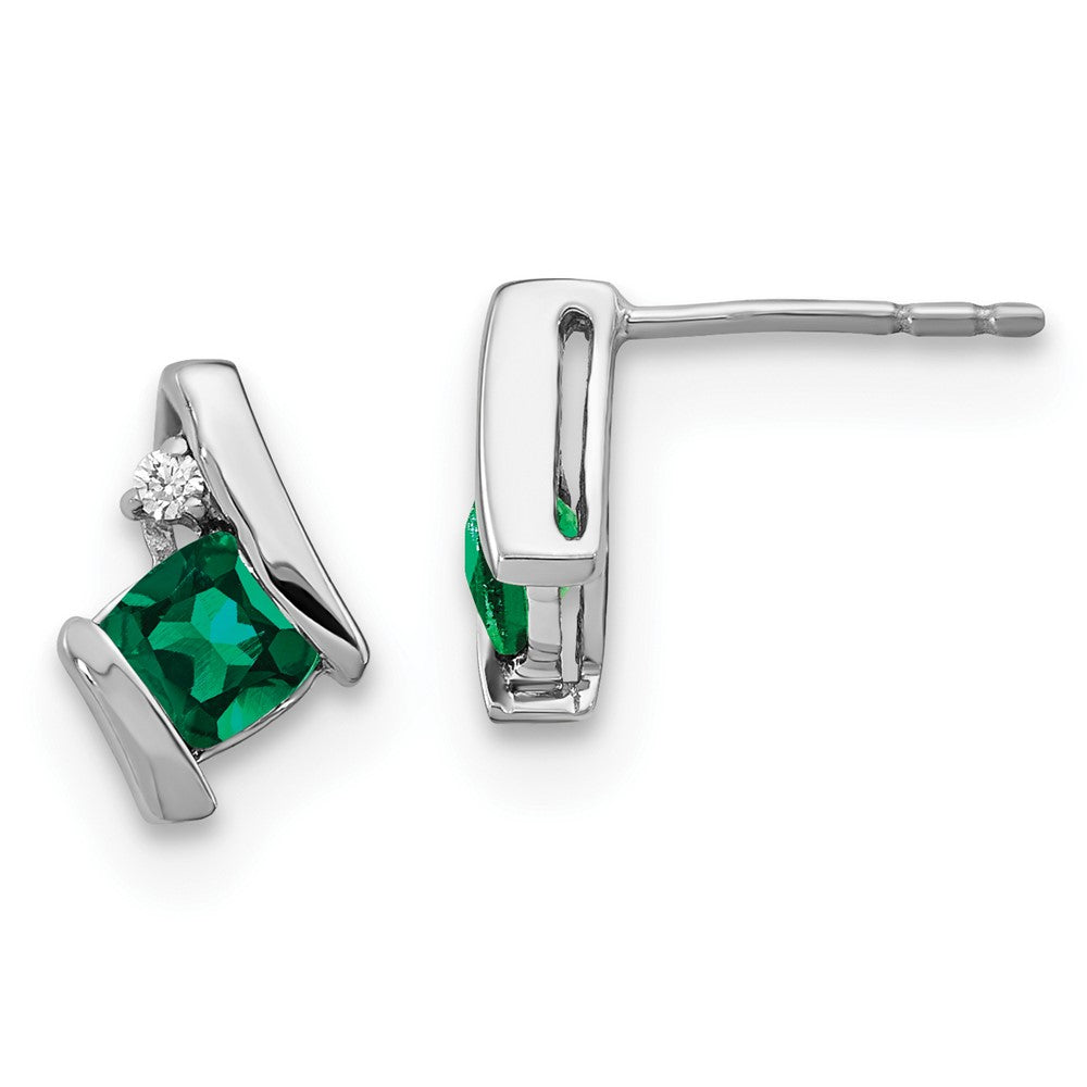 10k White Gold Cushion Cr. Emerald and Diamond Earrings