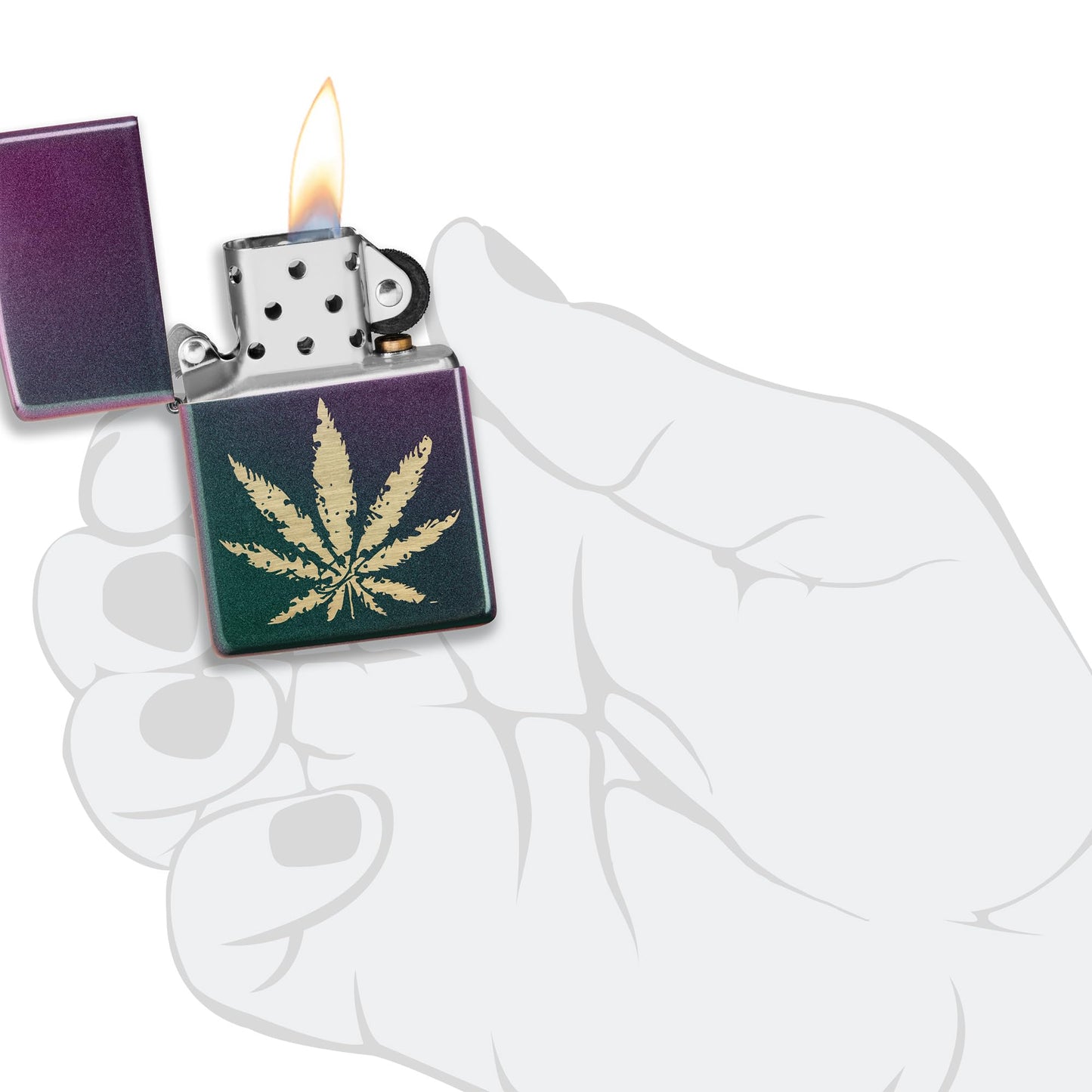Zippo Brass Marijuana Leaf on Iridescent Violet Satin, Pocket Lighter