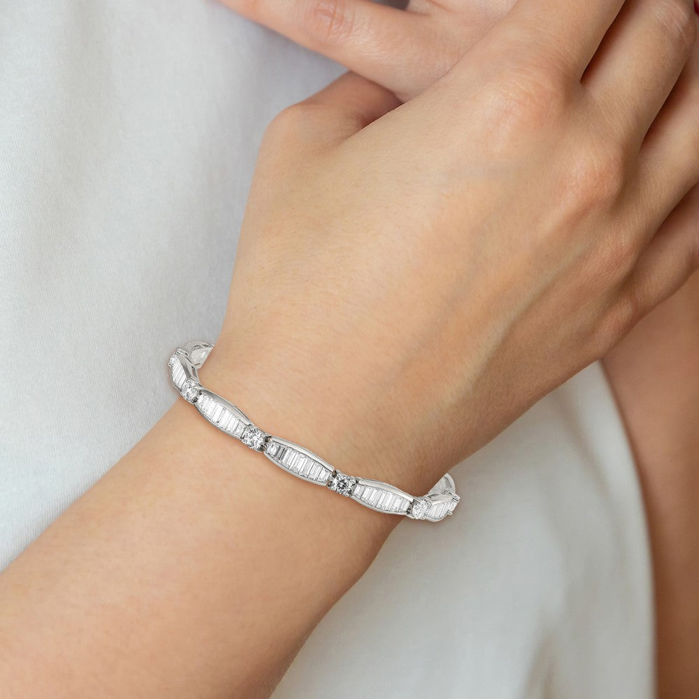 Sterling Silver Rhodium-plated Baguette and Round CZ Bracelet 7 inches