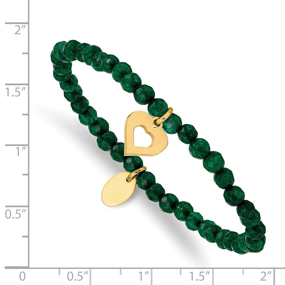 Stainless Steel Polished Heart Yellow IP Green Jade Stretch Bracelet 6 inches