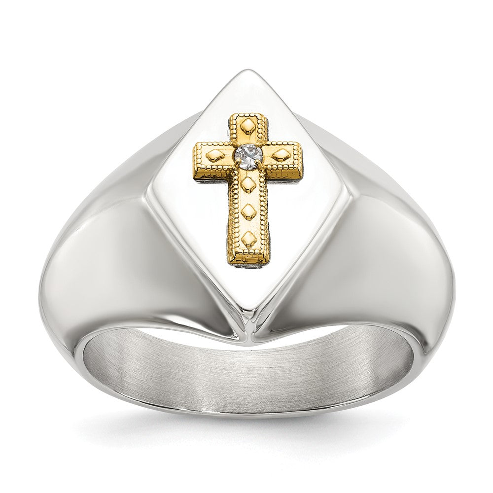 Chisel Stainless Steel Polished with 14K Gold Accent and .01ct. Diamond Cross Signet Ring Size - 10