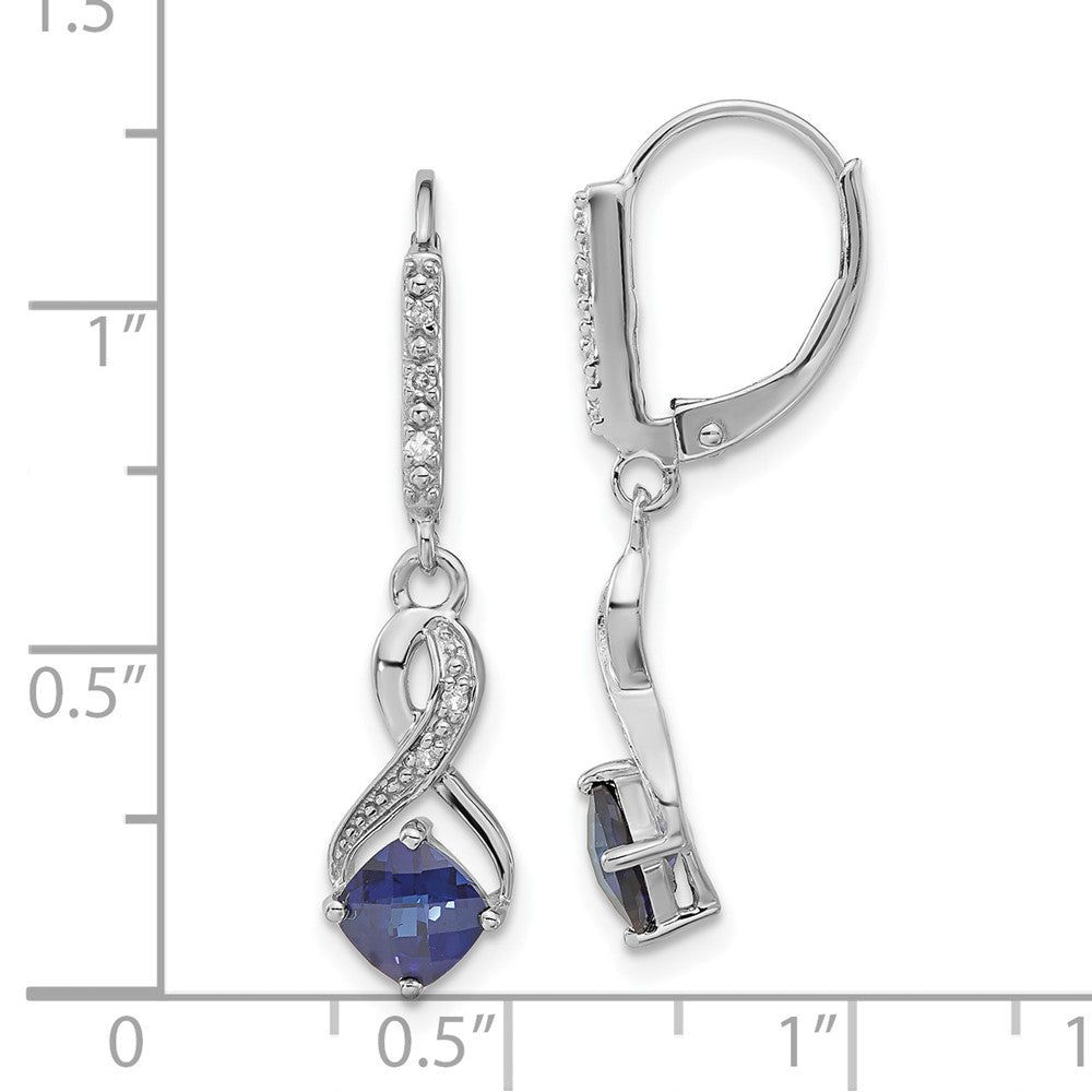 Sterling Silver Created Blue Sapphire & Diamond Leverback Dangle Earrings