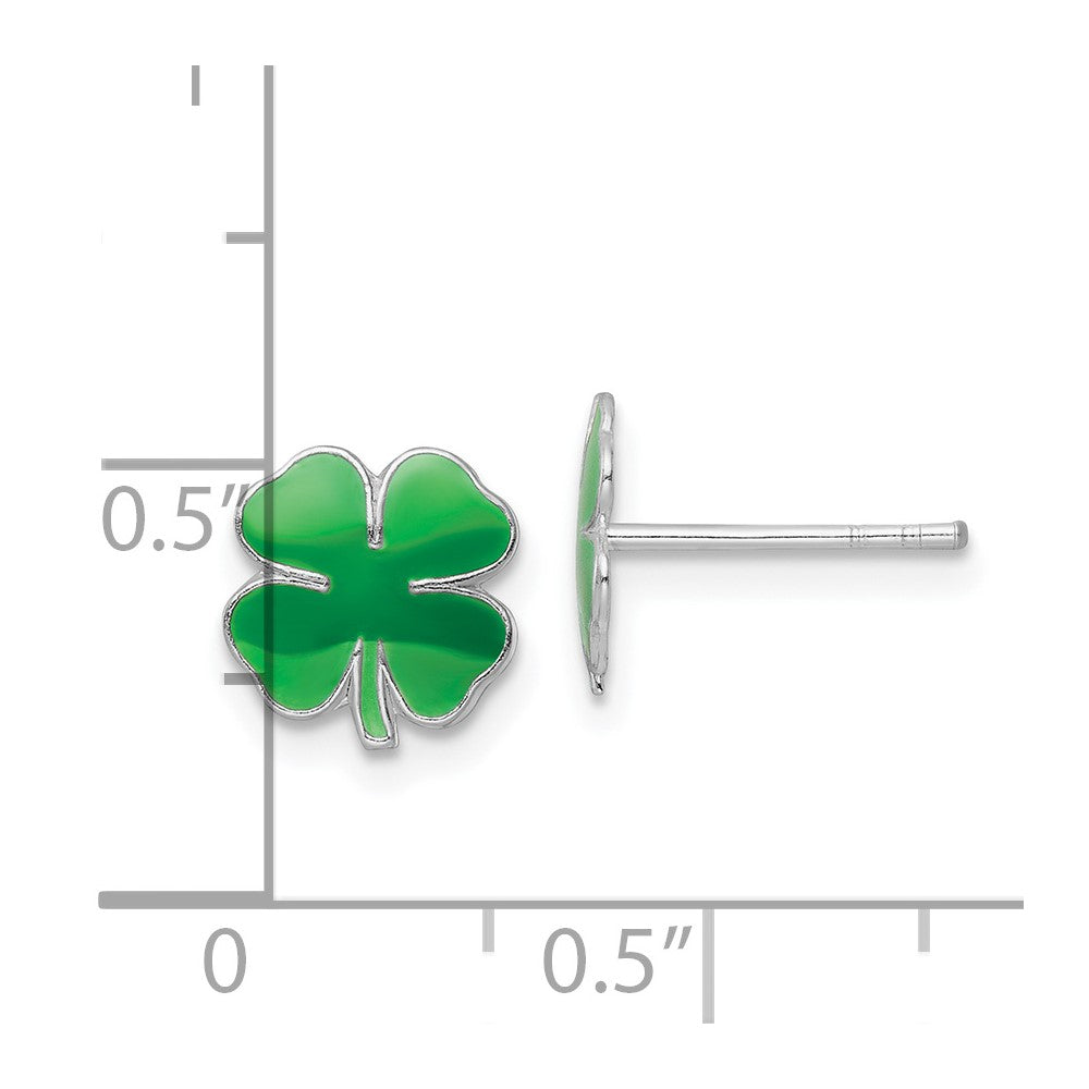 Sterling Silver Rhodium-plated Polished & Green Enameled Four Leaf Clover Children's Post Earrings