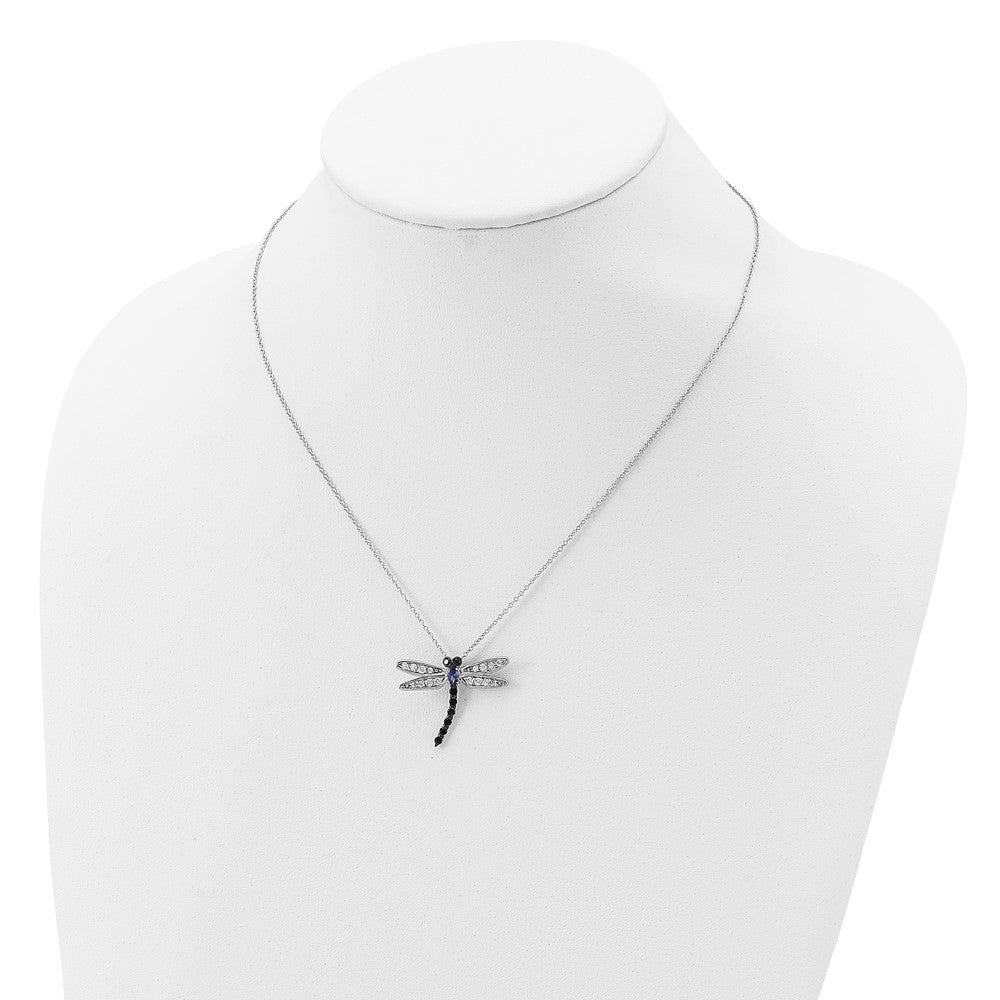 Cheryl M Sterling Silver Rhodium-plated with Black Rhodium Accent Brilliant-cut Black White and Blue CZ Dragonfly 18 Inch Necklace 18 Inches