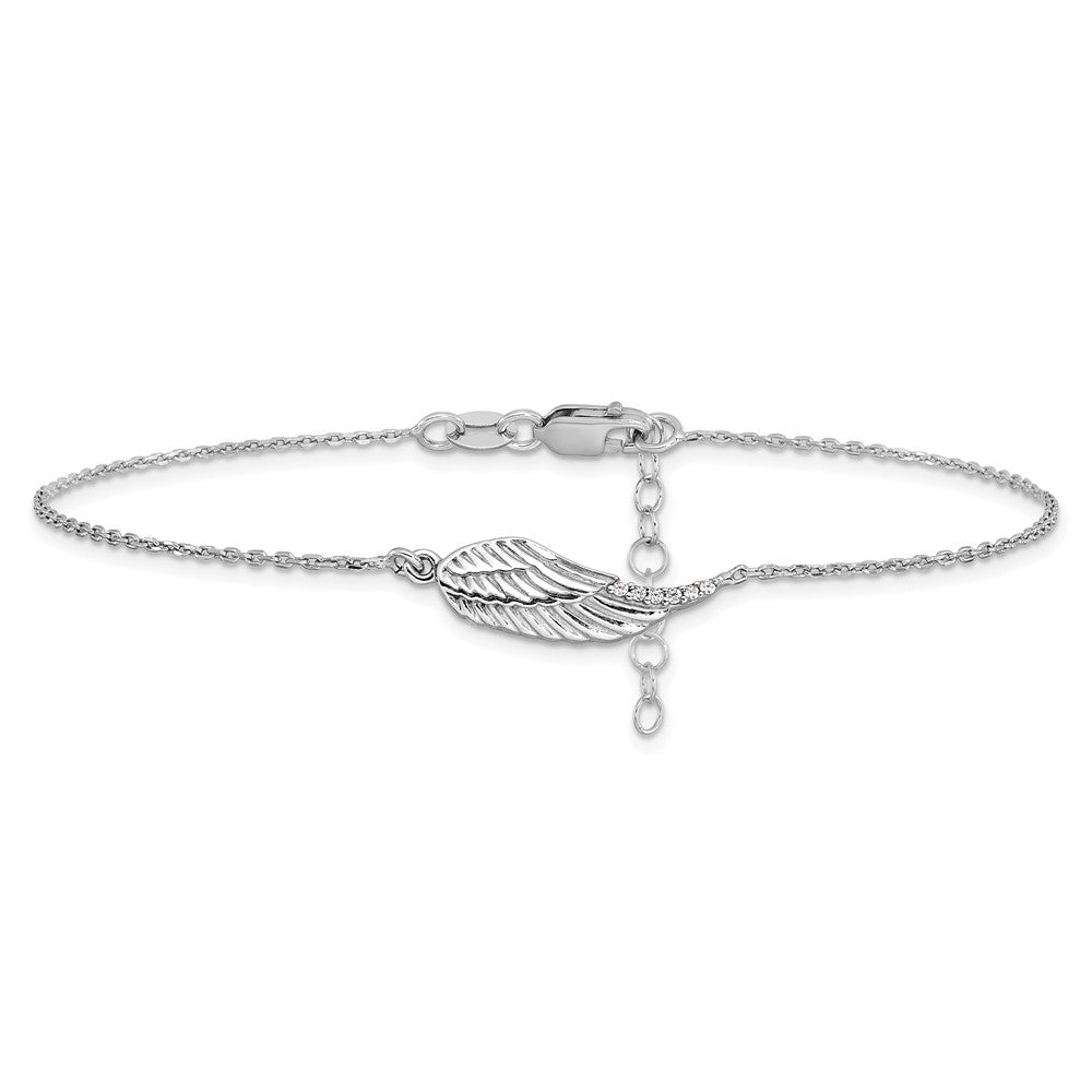 Sterling Silver RH-plated CZ Angel Wing 9in. Plus 1in. ext. Anklet