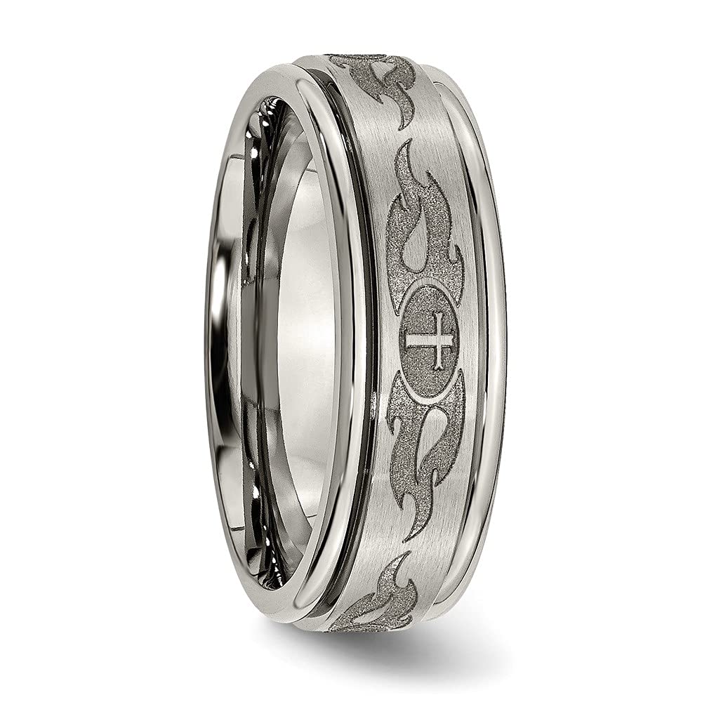 Titanium Brushed & Polished Cross Laser Design 8mm Ridged Edge Band Size - 7