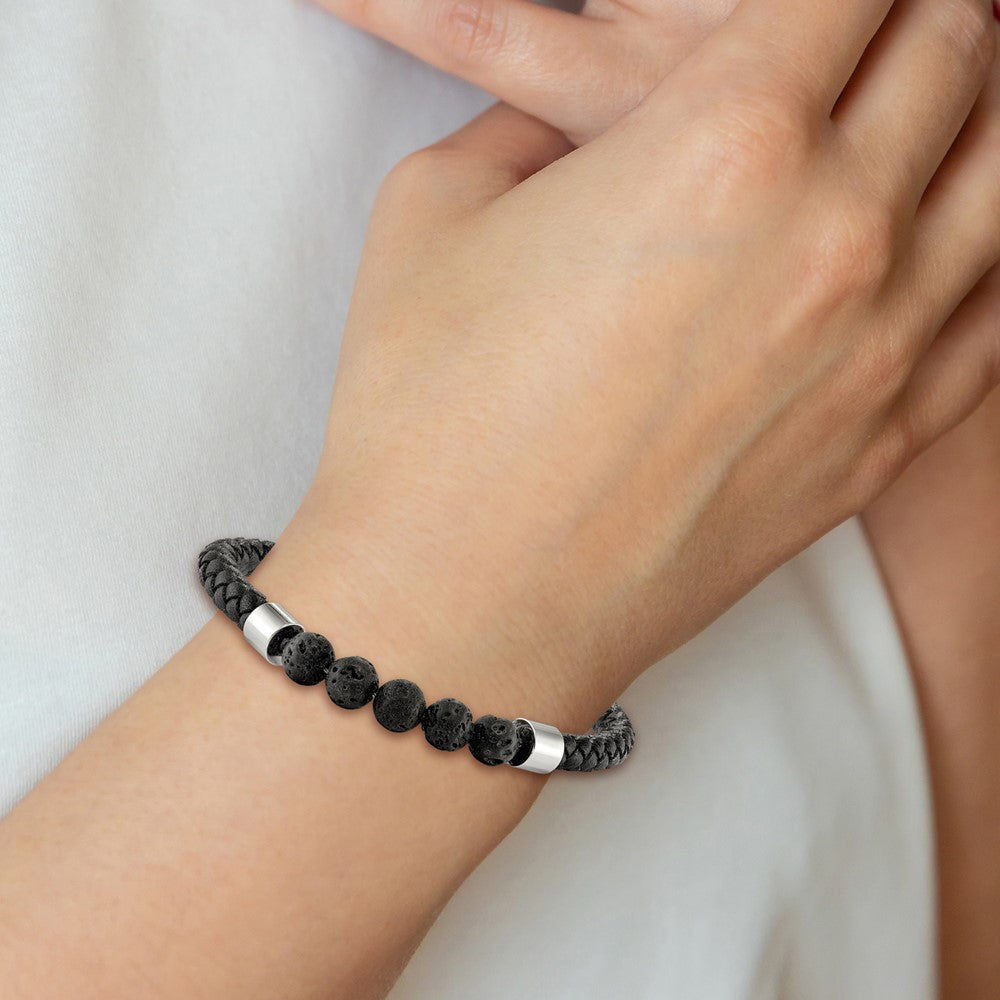 Stainless Steel Polished Black Leather w/Lava Stones 8.75 inch Bracelet 8.75 inches