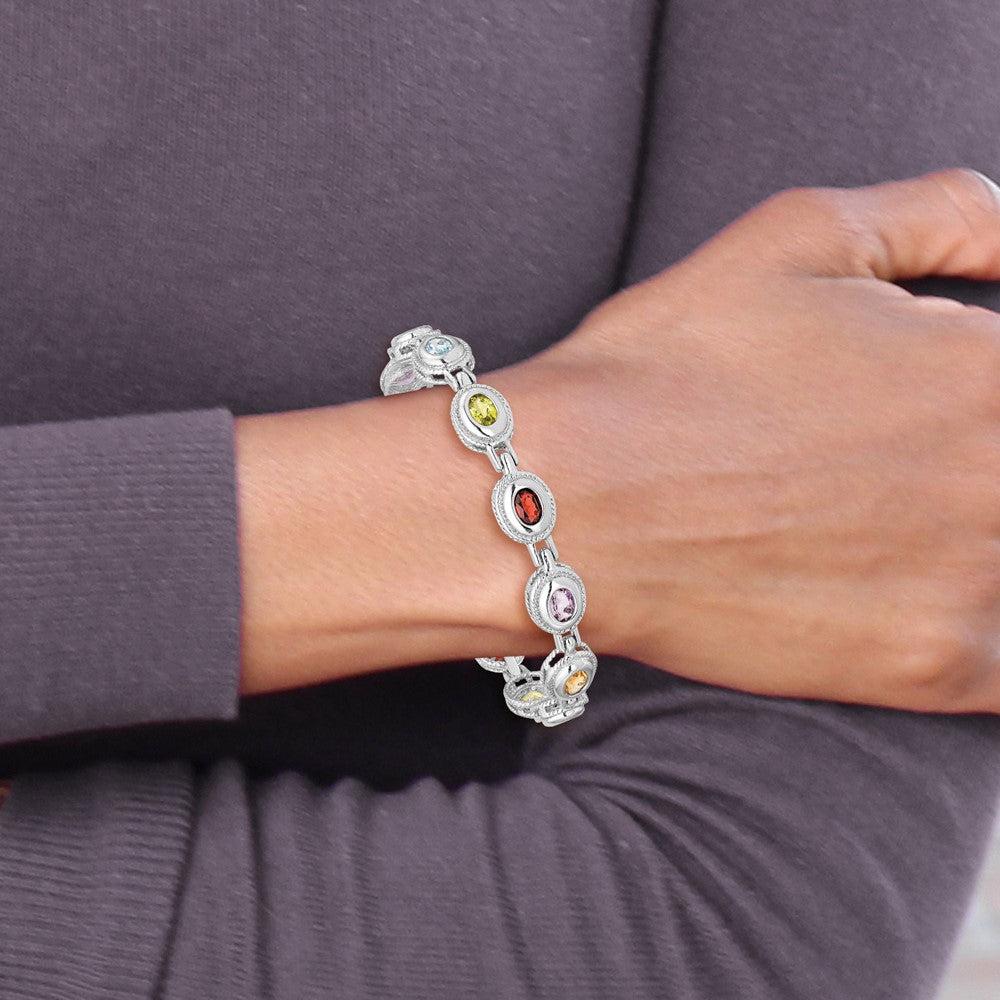 Sterling Silver Rhod-pltd 7inch Rainbow Multi-gemstone Bracelet 7 inches