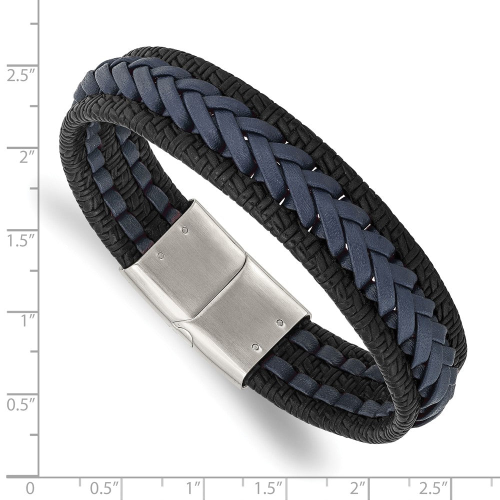 Stainless Steel Polished Black/Blue Braided Leather 8.25in Bracelet 8.25 inches