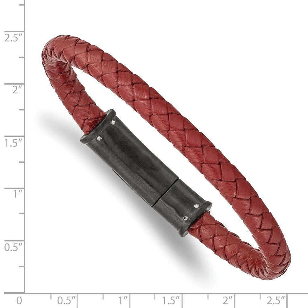 Stainless Steel Brushed Black IP-plated Red Leather 8.5in Bracelet 8.5 inches