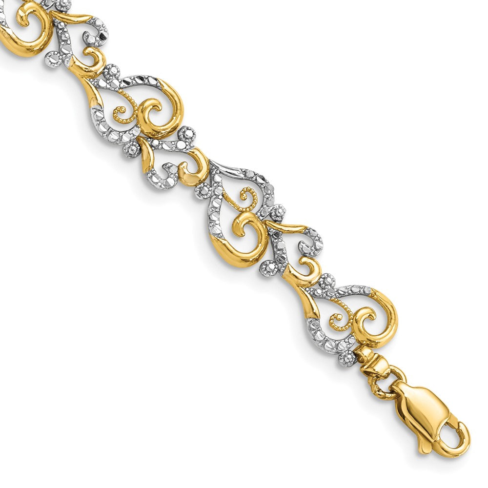 14K and White Rhodium Diamond-Cut Fancy Link Bracelet 7.5 inches