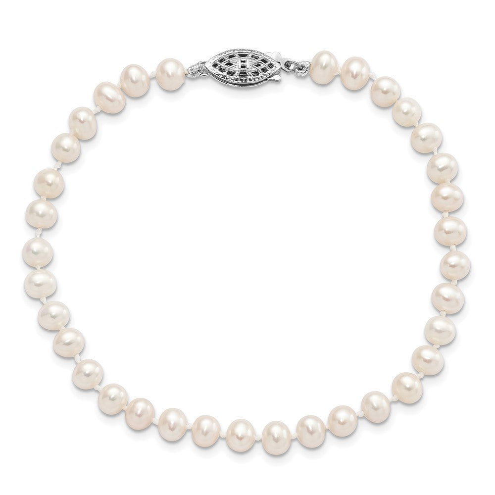 Sterling Silver Rhodium-plated 4-5mm White Near Round Freshwater Cultured Pearl 8.25 inch Bracelet