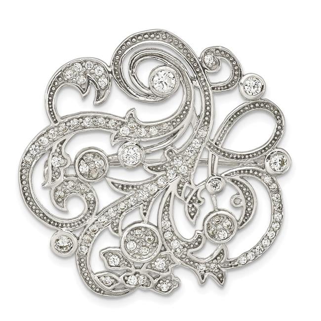 Finest Gold Sterling Silver Polished CZ Filigree Floral Vintage Style Pin Brooch