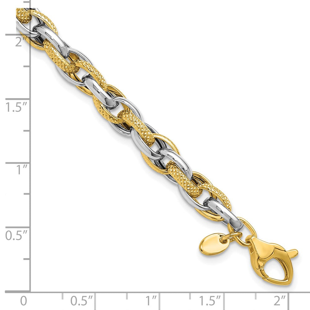 14K Two-tone Polished and Textured Fancy Link Bracelet 7.5 inches