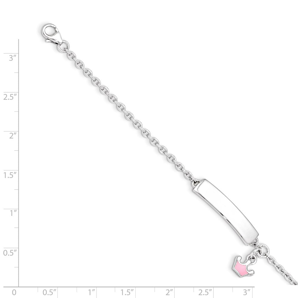 Sterling Silver Rhodium-plated Polished & Pink Enameled Crown with 1 Inch Extension Children's ID Bracelet 7 inches