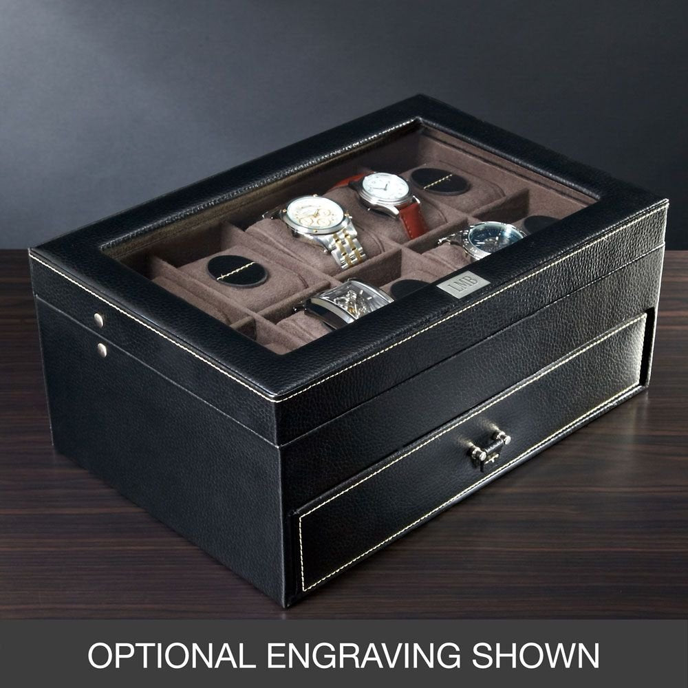 Black Leather Glass Lid 1-Drawer Velour Lined 10-Watch, Pen and Cuff Link Case GM8735