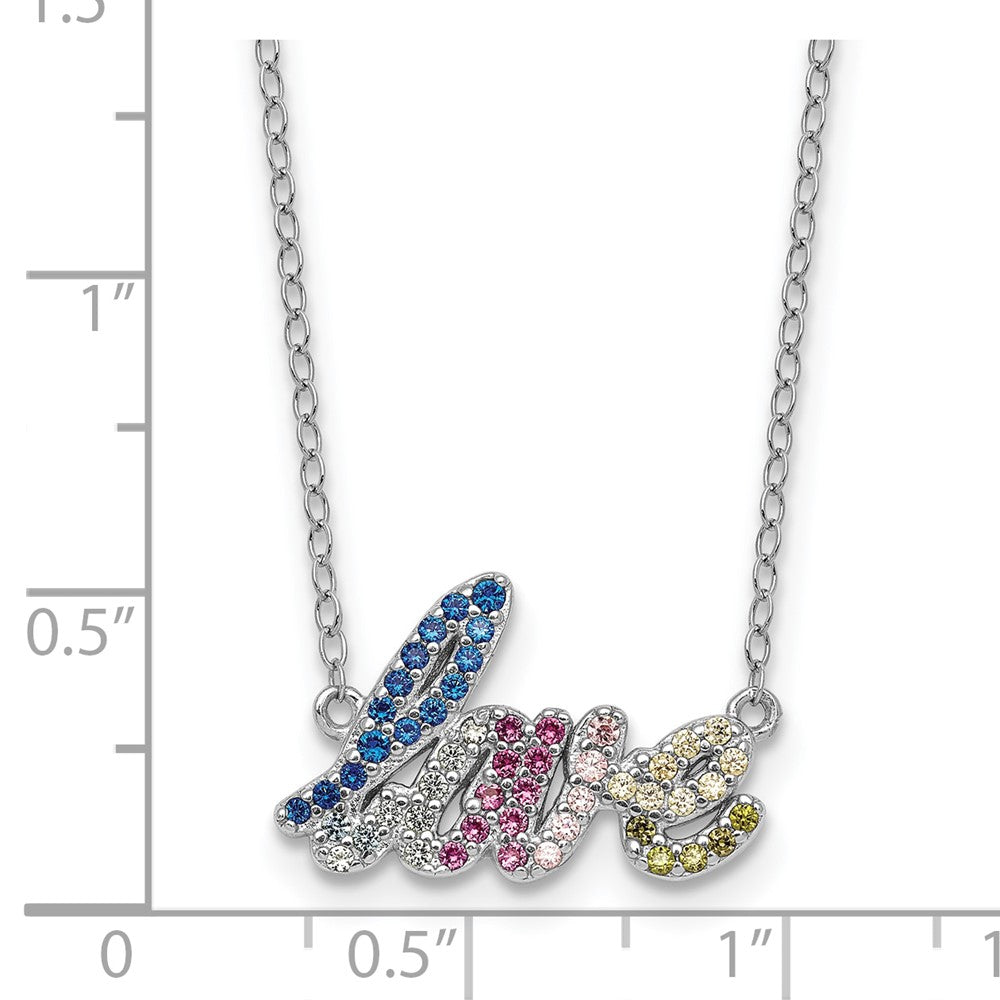 SS RH-pltd Polished Multicolor CZ LOVE 16in w/2in Ext Necklace 16 Inches