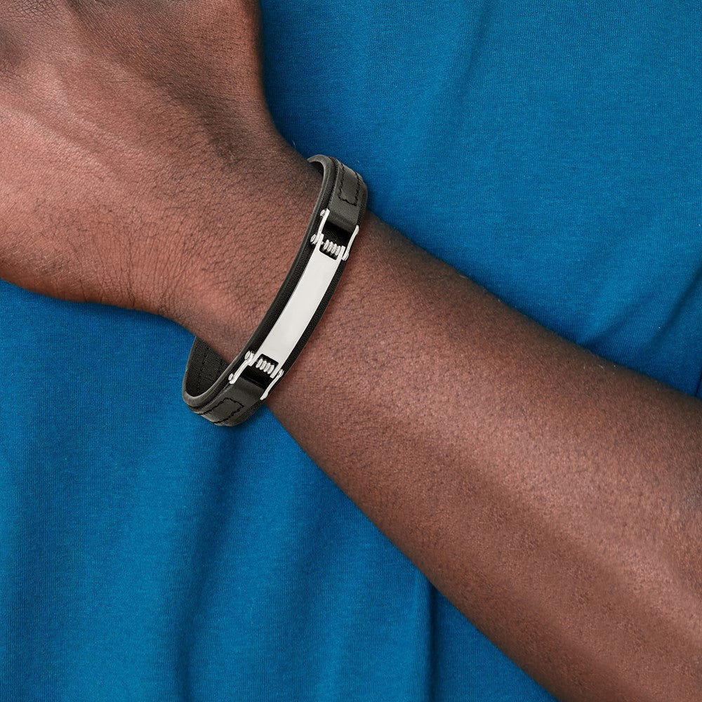 Stainless Steel Polished Black Leather 8.25in ID Bracelet 8.25 inches
