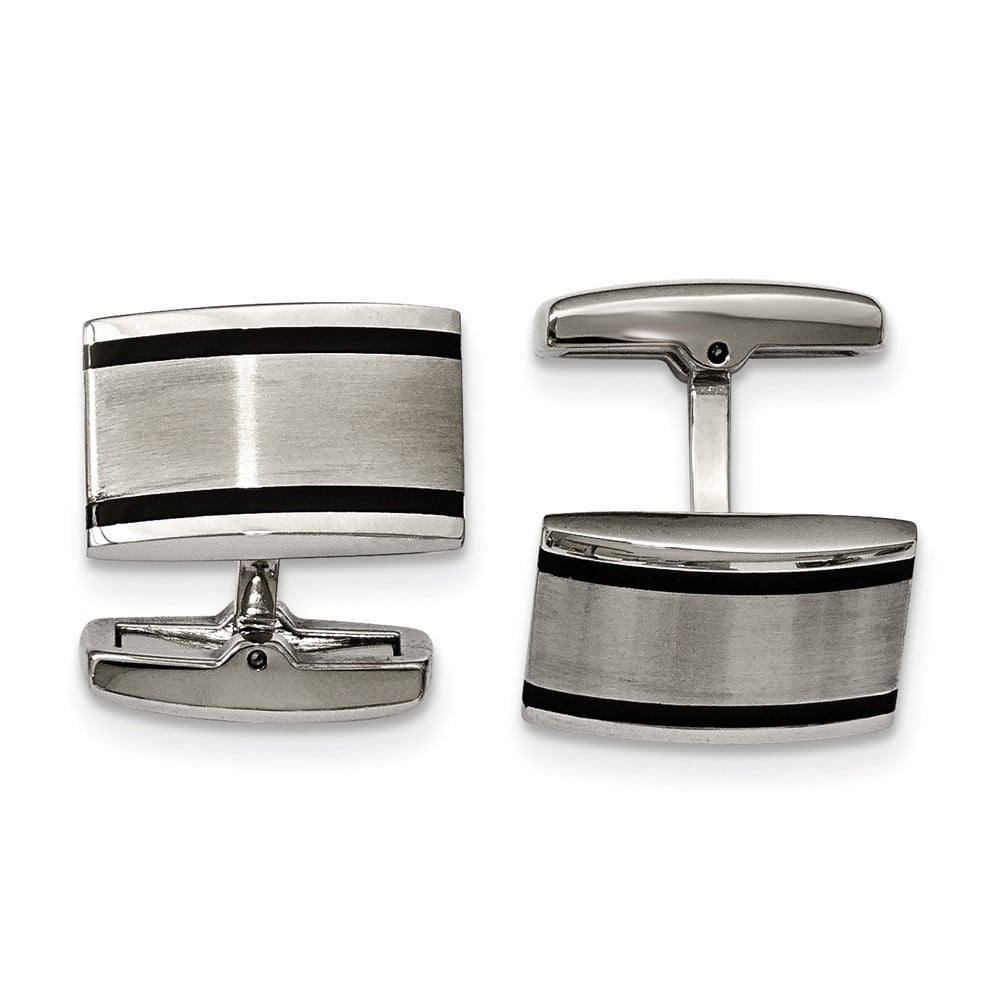 Stainless Steel Brushed and Polished Black Rubber Rectangle Cuff Links