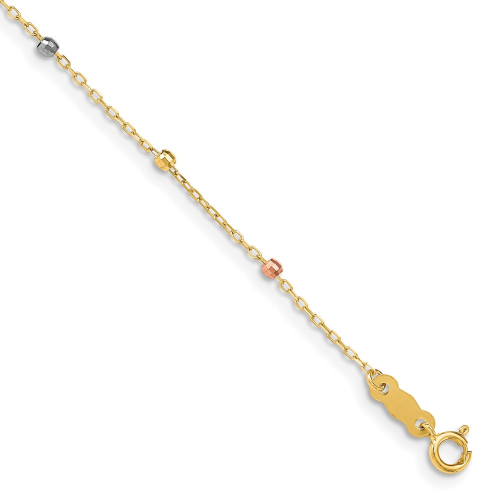 14K Tri Colored Gold Diamond Cut Beaded Cross W/1 IN Ext Bracelet 7 inches