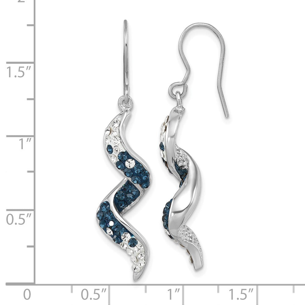 Sterling Silver Rhodium-Plated Polished Long Twirl White and Blue Crystal Wave Dangle Earrings