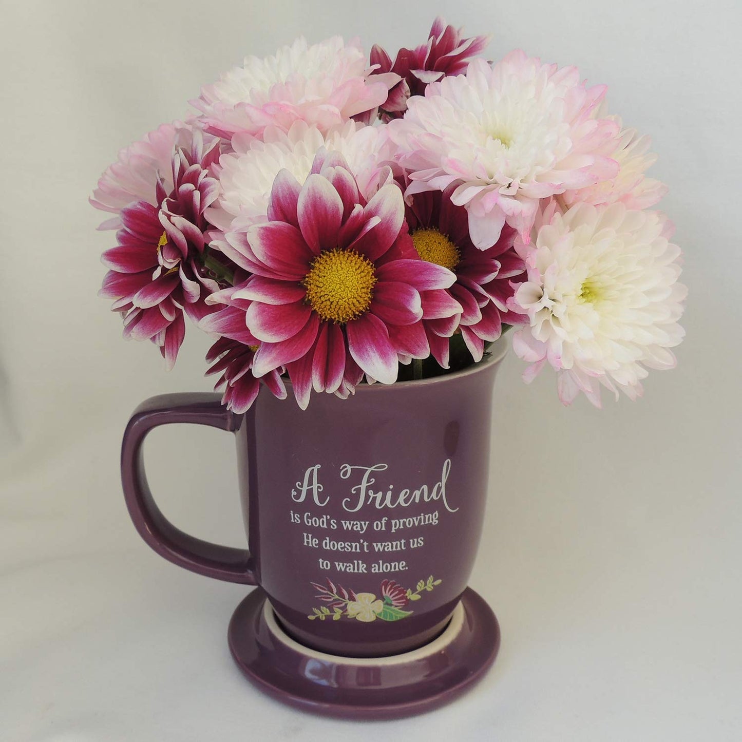 A FRIEND Proverbs 17:17 Purple Floral 14 oz. Ceramic Mug and Coaster Set Boxed QGM21144