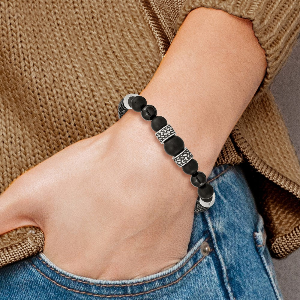 Stainless Steel Antiqued and Polished Black Agate Leather 8.25in Bracelet 8.25 inches
