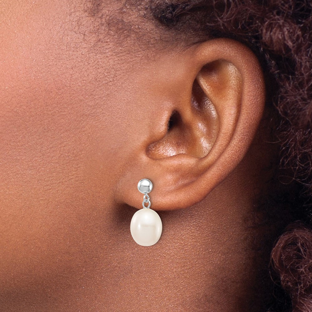 10k White Gold 8-9mm White Rice Freshwater Cultured Pearl Dangle Post Earrings