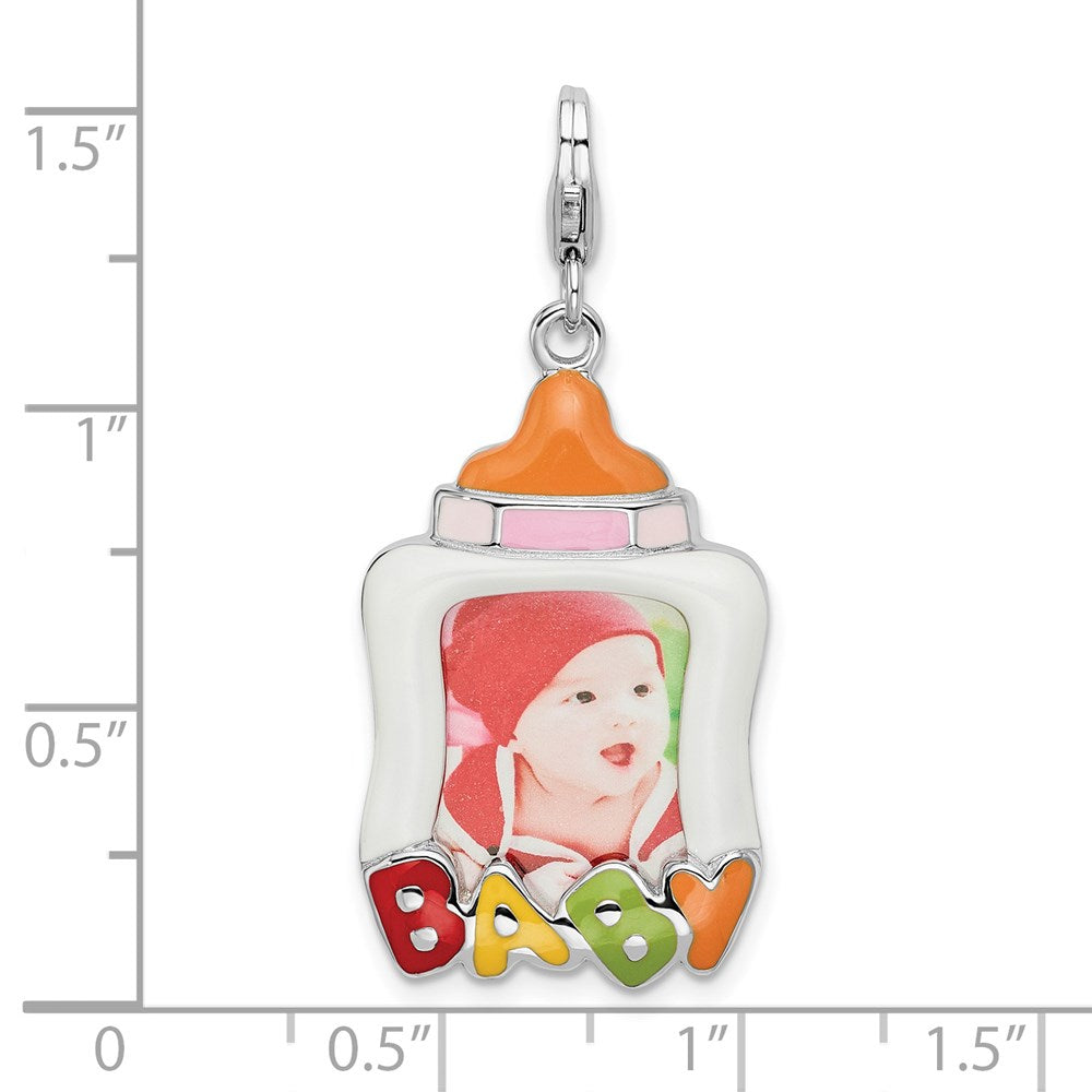 Amore La Vita Sterling Silver Rhodium-plated Polished Enameled Baby Picture Frame Charm with Fancy Lobster Clasp