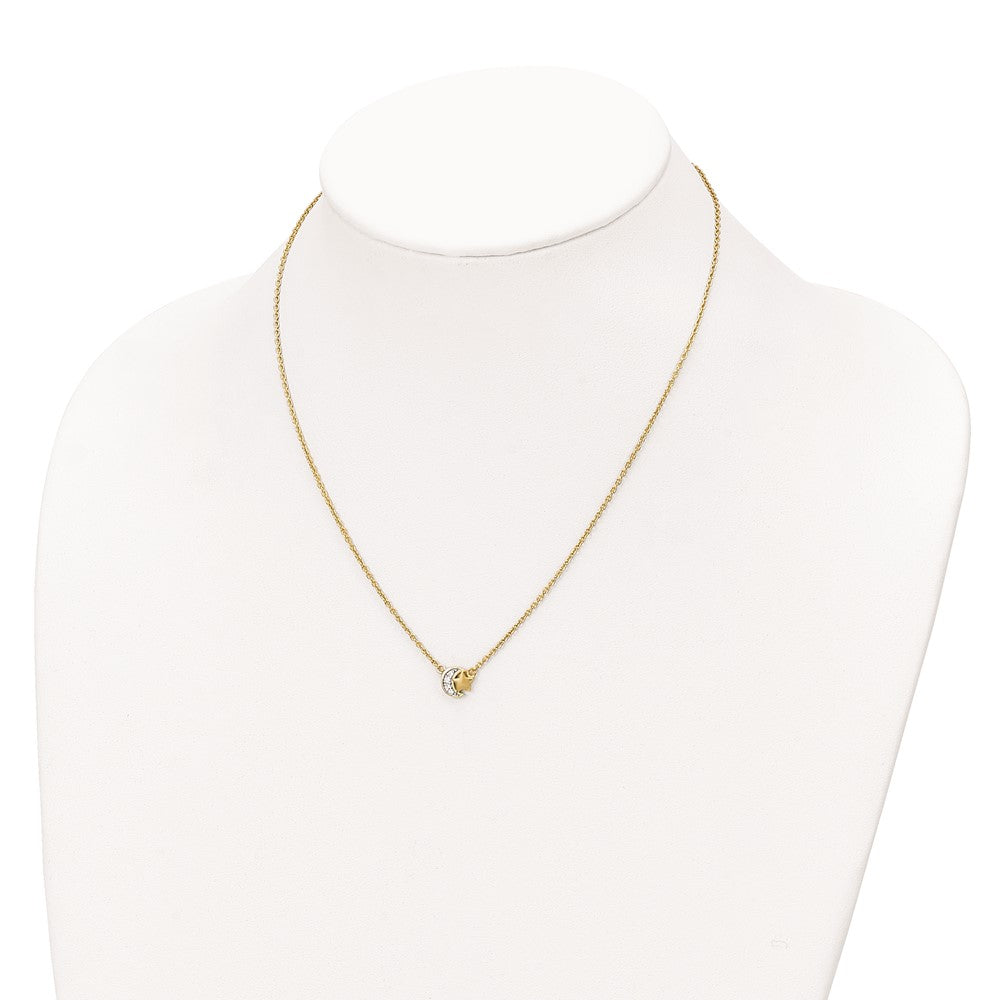 Sterling Silver Gold-tone CZ Satin Star and Polished Moon Necklace 17 Inches