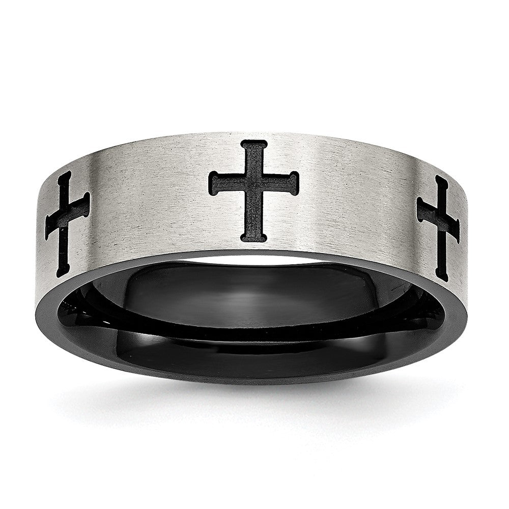 Stainless Steel Brushed/Polished Black IP-plated Crosses 7mm Band Size - 8.5