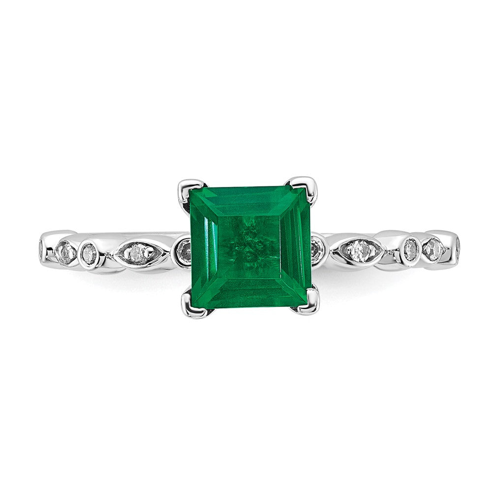 Sterling Silver Polished 6mm Cr Emerald and Diamond Ring