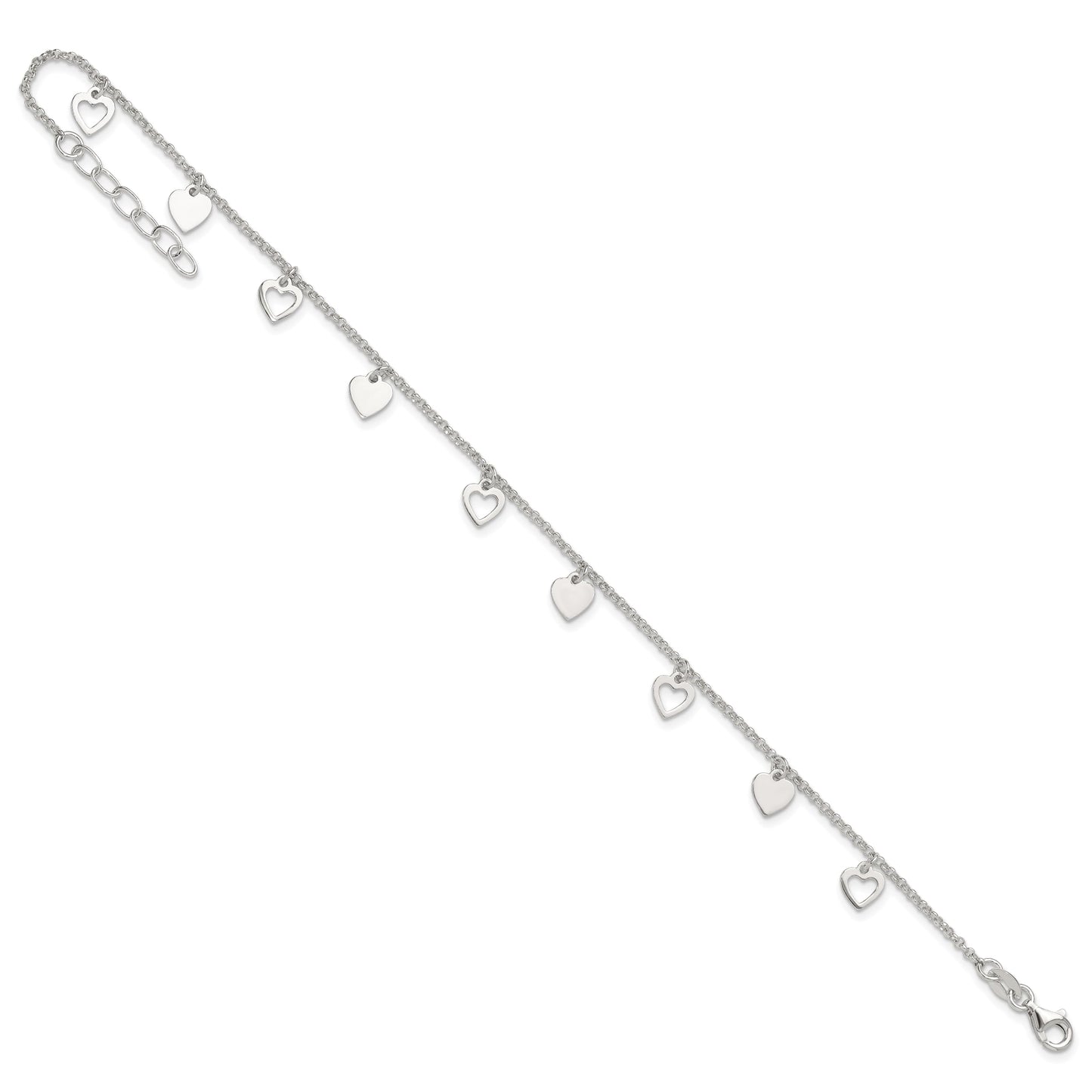 Sterling Silver Polished Hearts 9in Plus 1in Ext. Anklet
