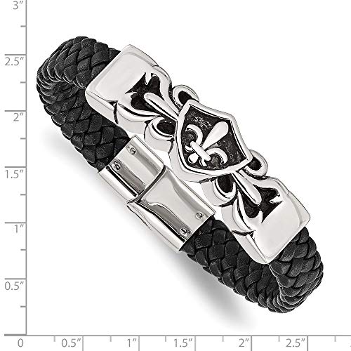 Stainless Steel Antiqued & Polished Fleur de Lis Black Leather Bracelet 8.25 inches