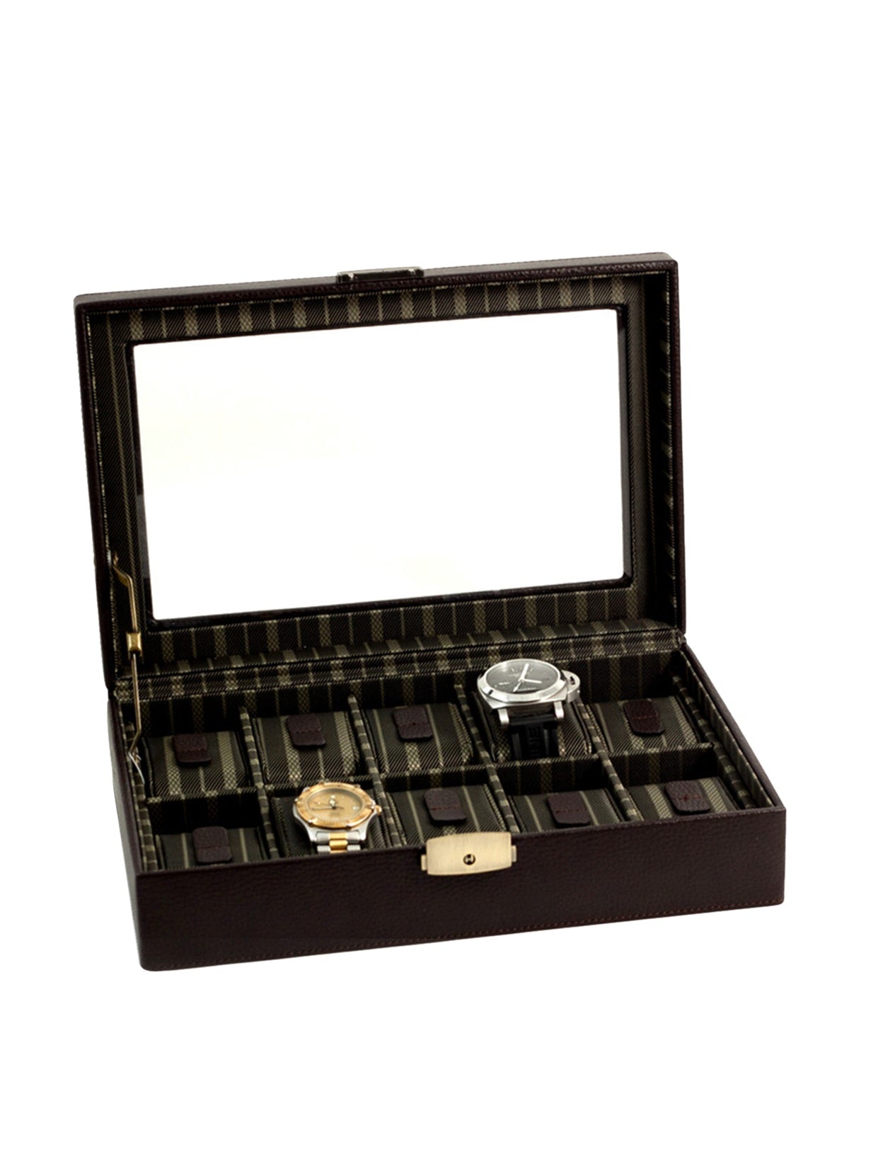 Brown Leather Glass Lid Fabric-Lined Locking 10-Watch Case GM8753