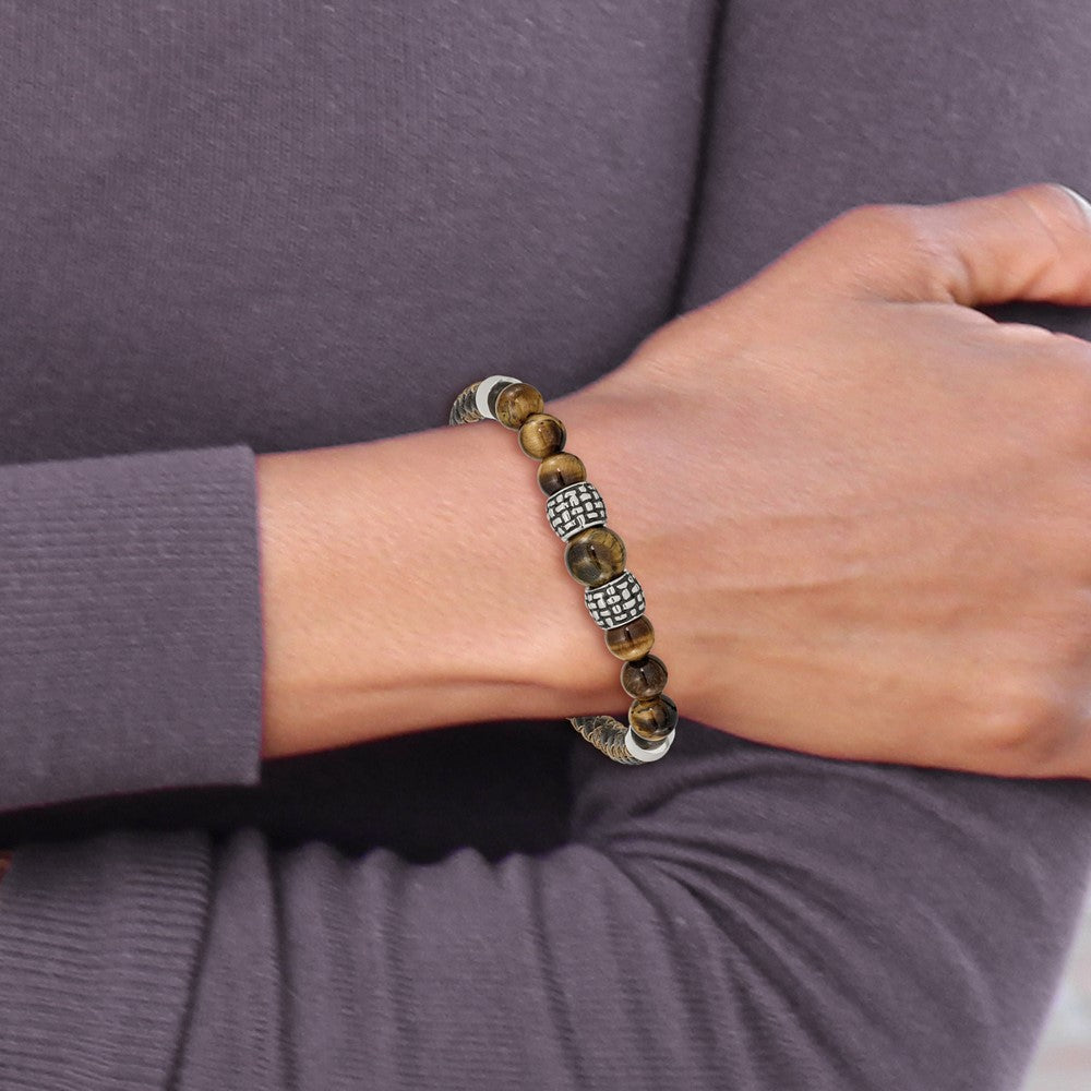 Stainless Steel Antiqued and Polished Tiger's Eye Leather 8.5in Bracelet 8.5 inches