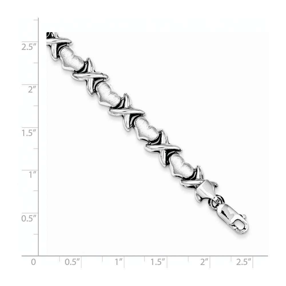 Sterling Silver Rhodium Polished and Brushed X's and Hearts Bracelet 7.25 inches