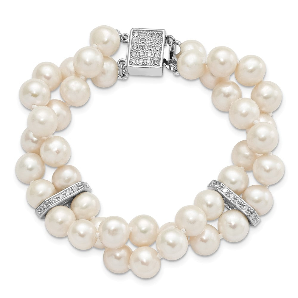 Sterling Silver Rhodium-plated 7-8mm White Near-round Freshwater Cultured Pearl and CZ 2-Strand 7 inch Bracelet 7 inches