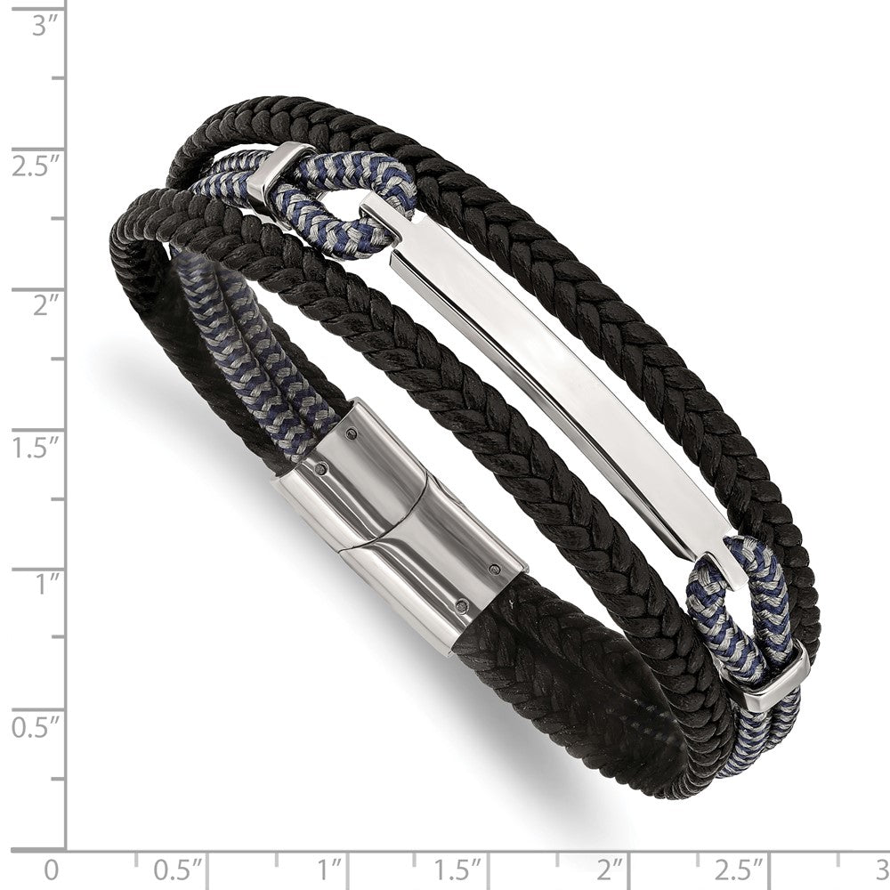 Stainless Steel Polished Leather and Cotton Multi Strand 8.25in ID Bracelet 8.25 inches