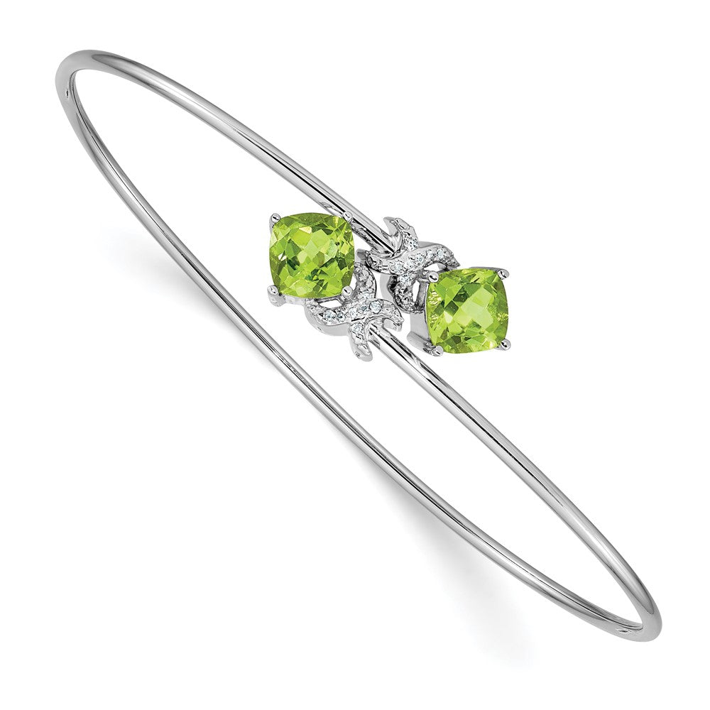 14k White Gold .03ct Diamond and Peridot Flexible Bangle 7 inches