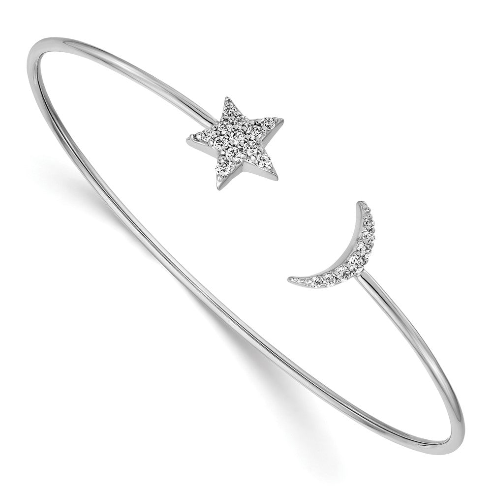 14k White Gold Diamond Moon and Star Flexible Cuff Bangle 7 inches