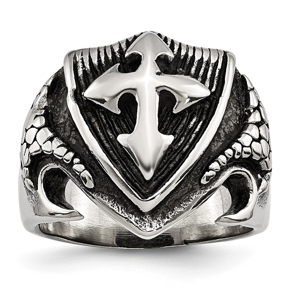 Stainless Steel Antiqued Polished and Textured Shield Ring Size - 10
