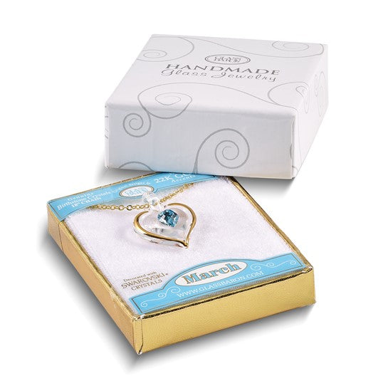 Glass Baron 22K Accent Gilding Gold-trim Glass with Blue March Birthstone Crystal from Swarovski Heart 18 inch Gold-tone Necklace GM9402