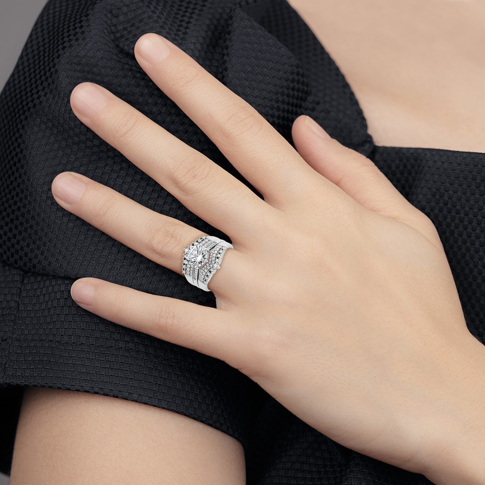 Cheryl M Sterling Silver Rhodium-plated Polished Fancy CZ with Two 3-Row Bands Ring Set